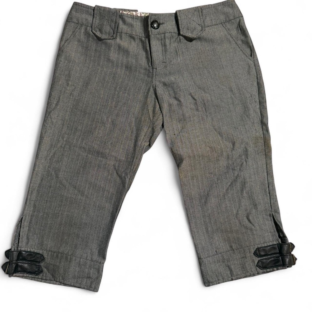 Y2K Low Rise Herringbone Capri Trousers Buckle Detail Office Siren Grey 6-8